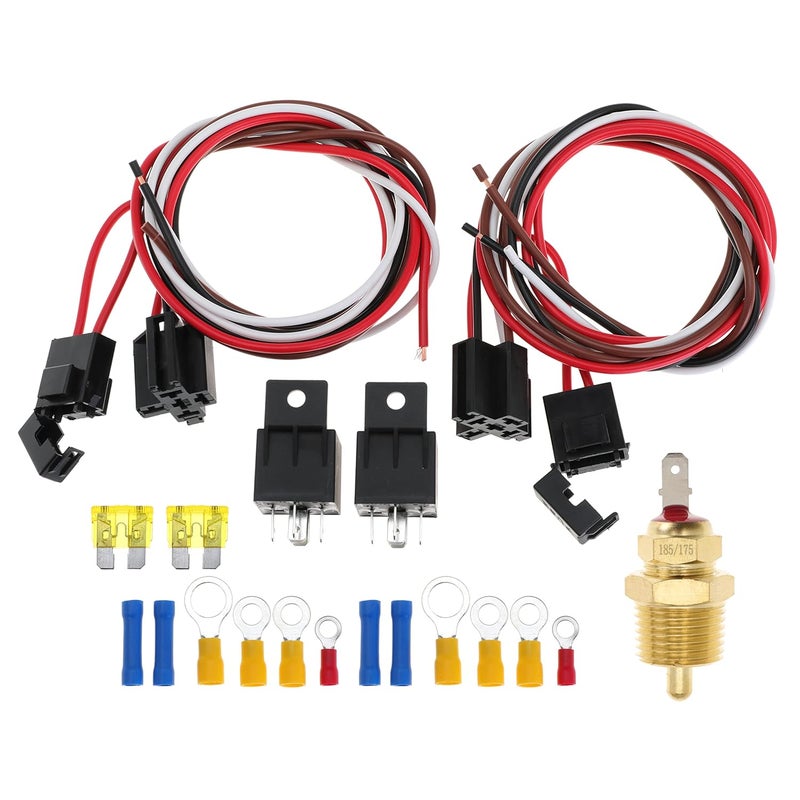 Ducpuve Dual Electric Fan Wiring Kit Dual Fan Relay Kit with Thermostat Radiator Fan Temperature Sensor Switch 185 On 175 Off, Electric Cooling Fan Thermostat Kit 4 Pin, 40 AMP Waterproof Relay Kit - Image 1